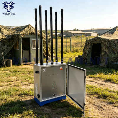 Comprar Potente bloqueador de señales omnidireccional impermeable para exteriores de 300W y 6 canales | Rango de blindaje de 100-300m, bloqueador de drones y celulares para seguridad de campamentos de las fuerzas armadas Fabricación en línea