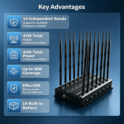 Comprar Jammer de escritorio RF de 42W y 14 bandas con antena omnidireccional para privacidad de oficina Fabricación en línea