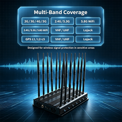 Comprar Jammer de señal de escritorio de 42W y 14 canales con antena omnidireccional para seguridad en salas de conferencias Fabricación en línea
