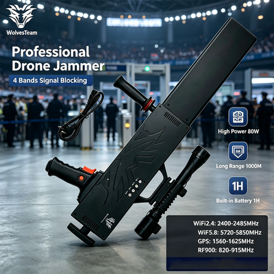 Comprar Interruptor de drones portátil de 4 bandas de 80W con bloqueador de señal antidrones de 500-1000 m de alcance Fabricación en línea