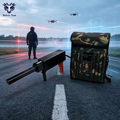 Comprar Supresor portátil anti-drones tipo mochila IP55 con clasificación para exteriores y larga distancia de cobertura, bloqueador de señal de UAV para operaciones anti-drones de emergencia en perímetros de campo Fabricación en línea