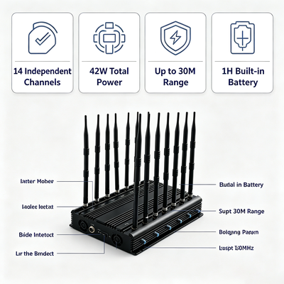 Interruptor de señal de escritorio de 42W con 14 bandas y antena omnidireccional para 2G 3G 4G 5G WiFi GPS VHF UHF Lojack