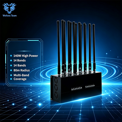 140W 14-Band Desktop Signal Jammer with 80 Meter Coverage Multi-Frequency Blocker for CDMA DCS 3G 4G 5G WiFi GPS