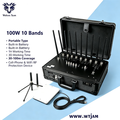 100W Jammer de Señal Portátil con 10 Bandas de Frecuencia y Radio de Cobertura de 30-100 Metros para Blindaje Interior y Exterior