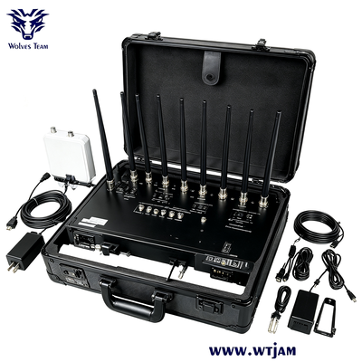 Jammer RF portátil de 100W y 10 canales con cobertura de 30-100 metros para CDMA GSM DCS 3G 4G LTE 5G NR WiFi